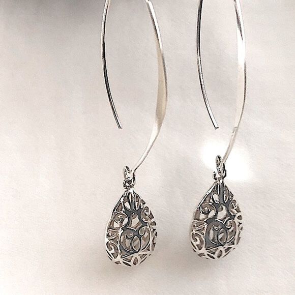 VINTAGE Sterling Silver Drop Filigree Scroll Cutout Dangle Earrings - Picture 2 of 7
